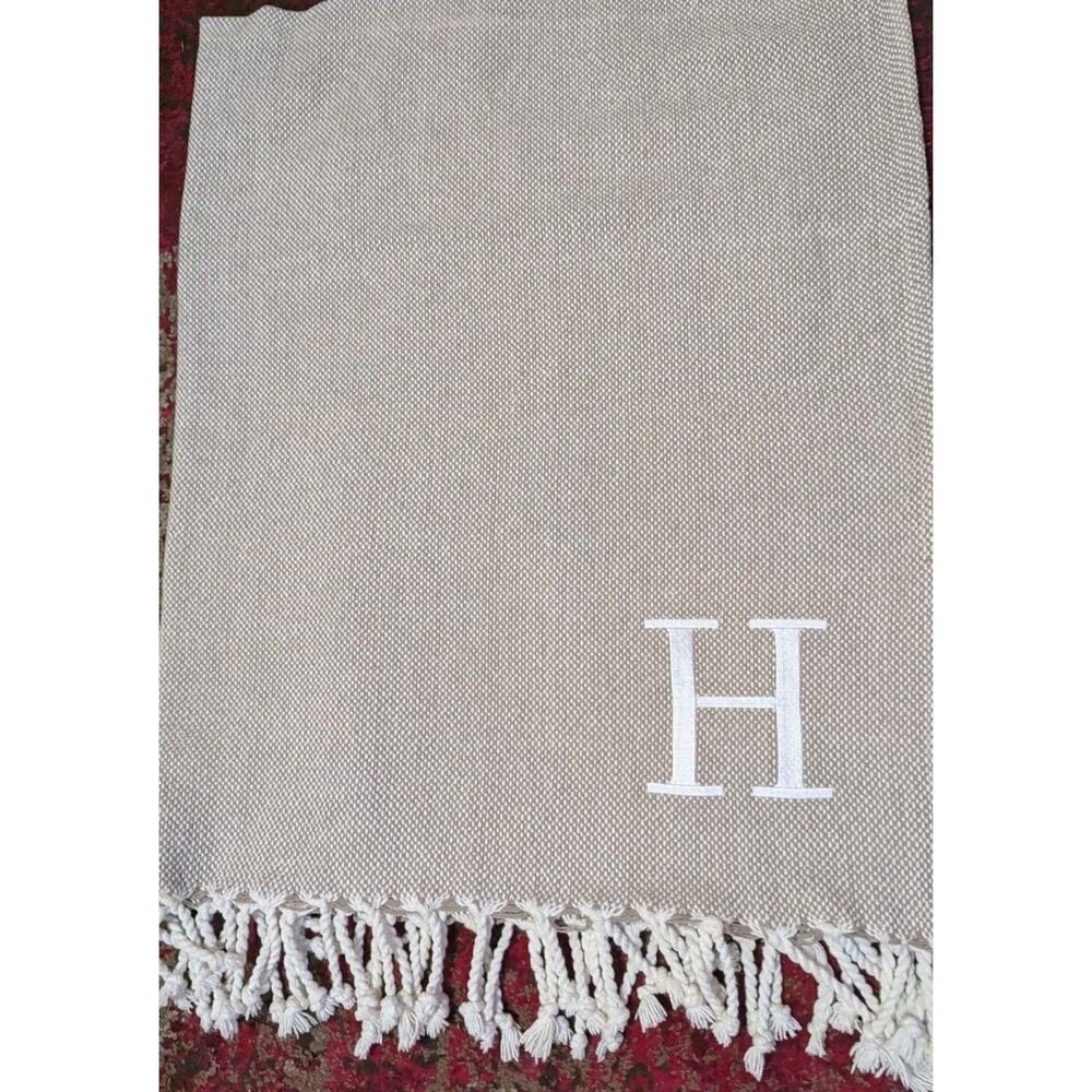 Mudpie Initial H Throw Blanket Woven Fringe 70"X50" Herringbone Monogram - Picture 7 of 11